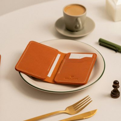 Sophisticated café table featuring a leather card holder, coffee, and decor.